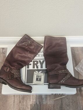 FRYE Studded Brown Leather Mid-Calf Boots